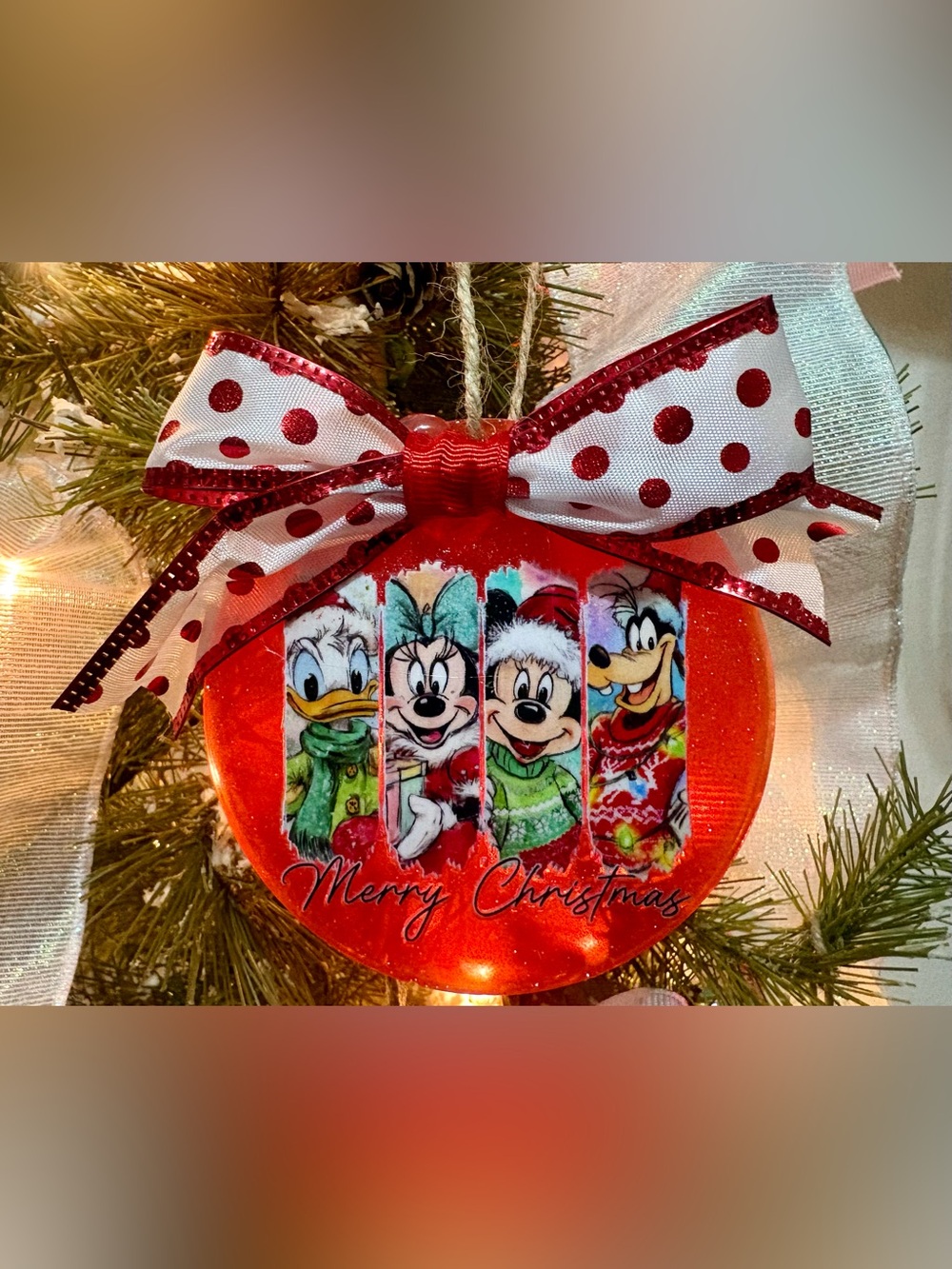 Red Merry Christmas Ornament with Polka Dot Bow